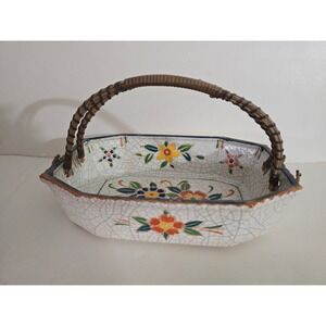 Vintage Made in Japan Crackle Glaze Floral Ceramic Basket with Wicker Handle